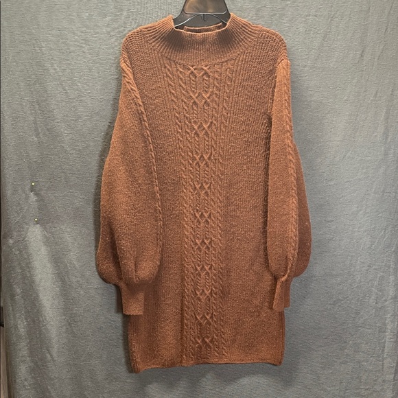 A loves A tear drop mock neck balloon sleeve sweater Knit Dress in Rich Brown - Picture 3 of 8